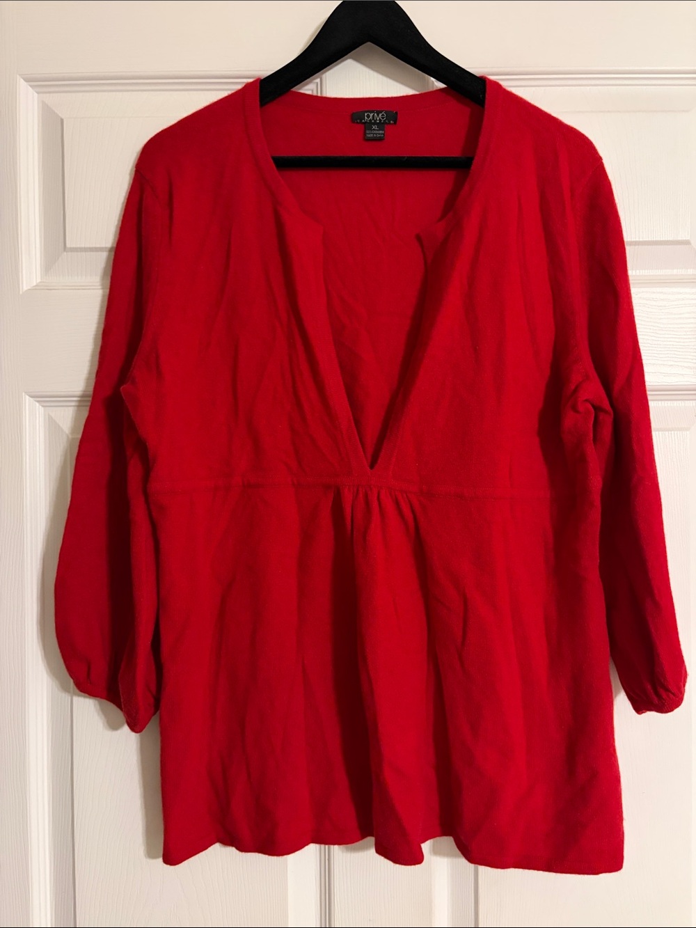 Privé 100% Cashmere Red Deep V-Neck Empire Waist Sweater Blouse XL